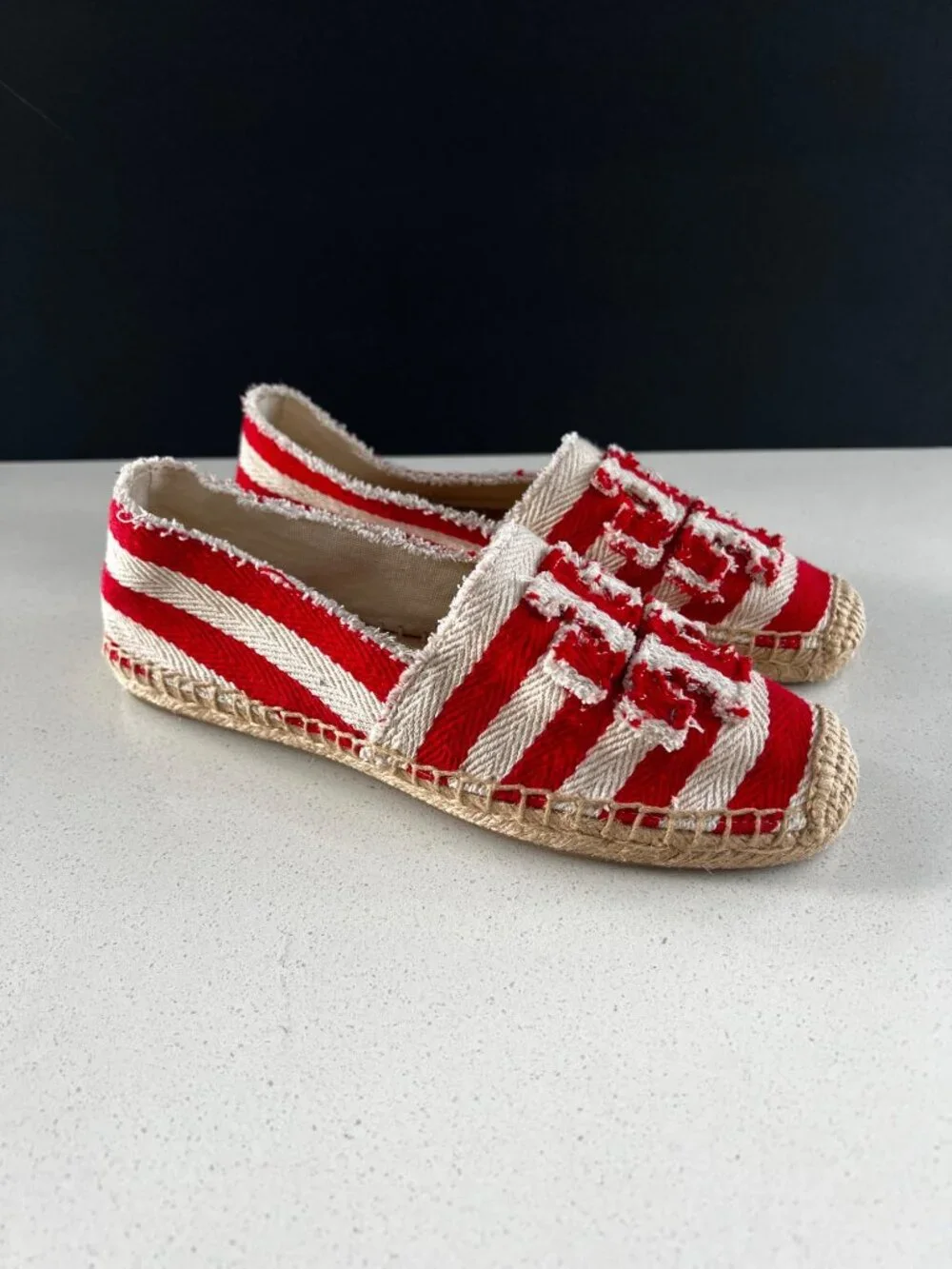 TORY BURCH red striped canvas espadrille flats size 8.5